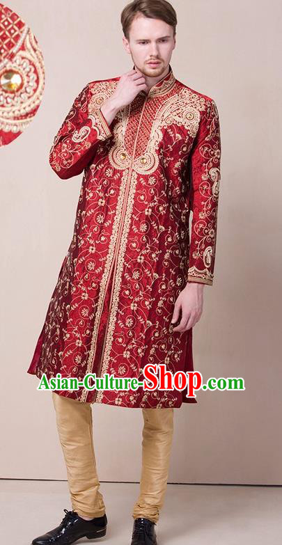 South Asian India Traditional Wedding Costume Asia Indian National Bridegroom Wine Red Suits for Men