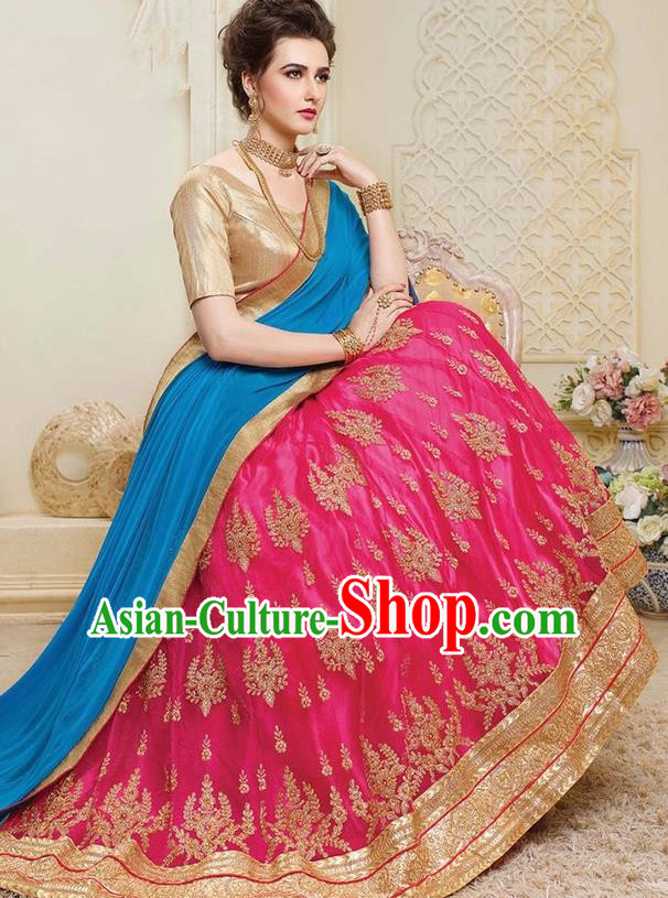 Asian India Traditional Bride Embroidered Rosy Sari Dress Indian Bollywood Court Queen Costume for Women