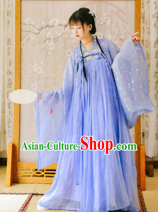 Ancient Chinese Tang Dynasty Court Lady Historical Costume Traditional Blue Hanfu Dress for Women