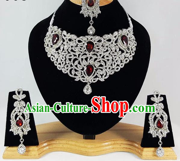 Indian Traditional Bollywood Court Zircon Necklace Earrings and Eyebrows Pendant India Princess Jewelry Accessories for Women