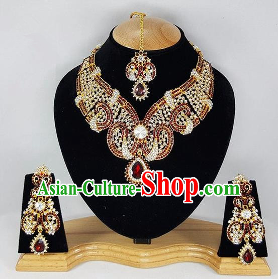 Traditional Indian Bollywood Red Crystal Necklace Earrings and Eyebrows Pendant India Princess Jewelry Accessories for Women