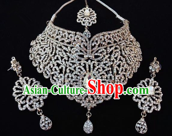 Traditional Indian Bollywood Zircon Necklace Earrings and Eyebrows Pendant India Princess Jewelry Accessories for Women