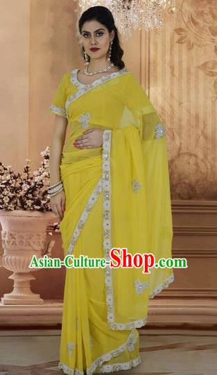 Indian Traditional Bollywood Yellow Veil Sari Dress Asian India Royal Princess Embroidered Costume for Women