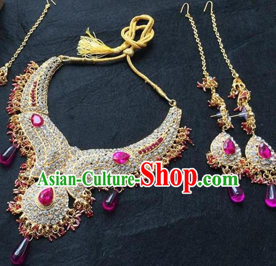 Traditional Indian Bollywood Jewelry Accessories India Princess Rosy Crystal Necklace Earrings and Eyebrows Pendant for Women