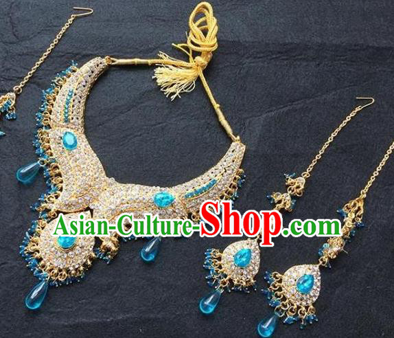 Traditional Indian Bollywood Jewelry Accessories India Princess Crystal Necklace Earrings and Eyebrows Pendant for Women