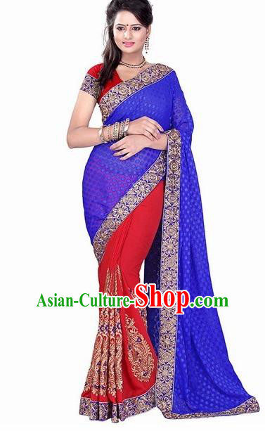 Indian Traditional Wedding Bride Royalblue Sari Dress Asian India Bollywood Costume for Women