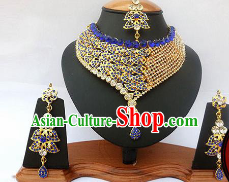 Traditional Indian Jewelry Accessories Bollywood Princess Blue Crystal Necklace Earrings and Eyebrows Pendant for Women