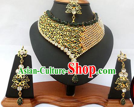 Traditional Indian Jewelry Accessories Bollywood Princess Green Crystal Necklace Earrings and Eyebrows Pendant for Women