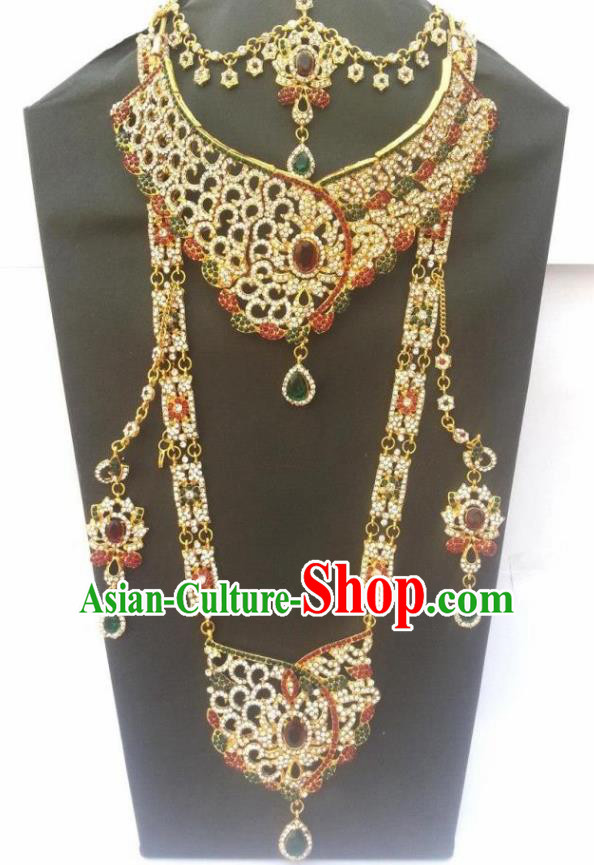 Traditional Indian Jewelry Accessories Bollywood Princess Crystal Necklace Earrings and Hair Clasp for Women