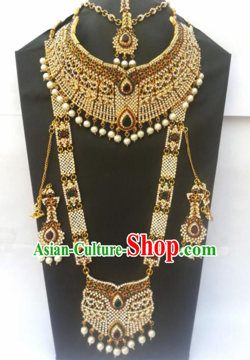 Traditional Indian Golden Jewelry Accessories Bollywood Princess Crystal Necklace Earrings and Hair Clasp for Women
