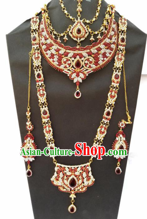 Traditional Indian Jewelry Accessories Bollywood Princess Red Crystal Necklace Earrings and Hair Clasp for Women