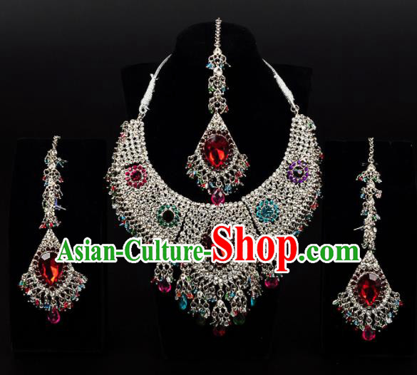 Traditional Indian Wedding Accessories Bollywood Princess Colorful Crystal Golden Necklace Earrings and Hair Clasp for Women