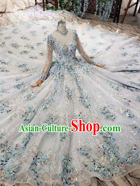 Top Grade Customize Bride Embroidered Blue Flowers Trailing Full Dress Court Princess Wedding Costume for Women