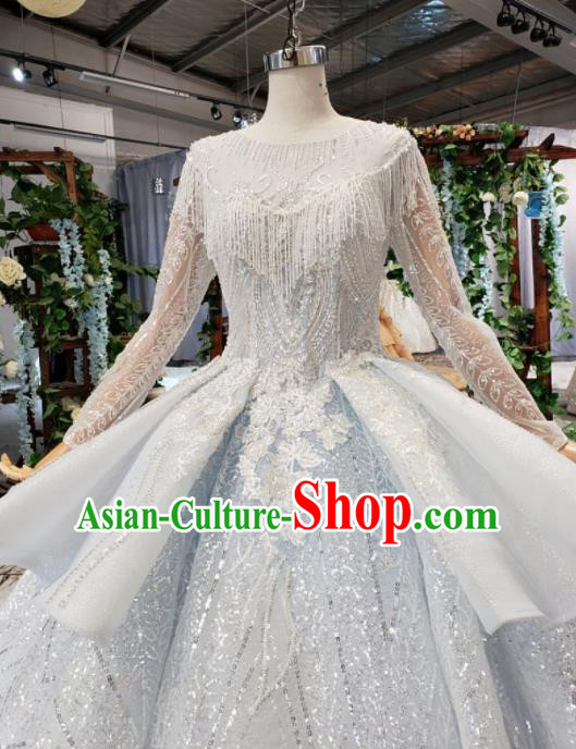 Top Grade Customize Bride Beads Tassel Trailing Full Dress Court Princess Wedding Costume for Women