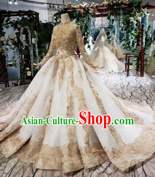 Handmade Customize Embroidered Court Trailing Wedding Dress Princess Bride Costume for Women