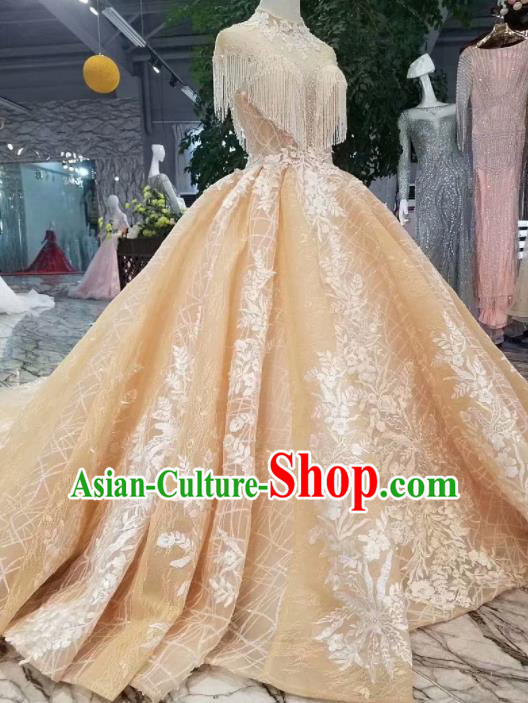 Customize Handmade Princess Champagne Trailing Dress Wedding Court Bride Costume for Women