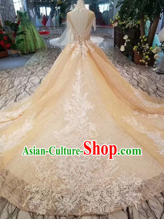 Customize Handmade Princess Champagne Trailing Dress Wedding Court Bride Costume for Women