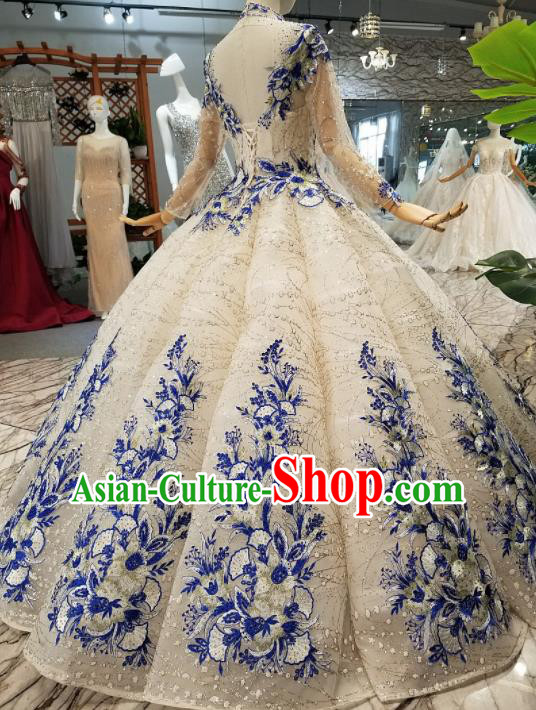 Customize Handmade Princess Embroidered Blue Flowers Trailing Dress Wedding Court Bride Costume for Women