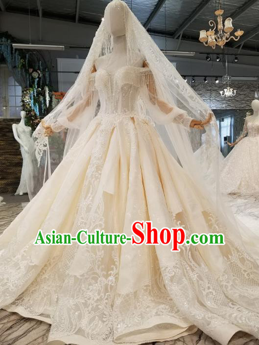 Customize Handmade Princess Embroidered White Lace Trailing Dress Wedding Court Bride Costume for Women
