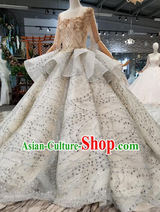 Customize Handmade Princess Embroidered Grey Veil Trailing Dress Wedding Court Bride Costume for Women