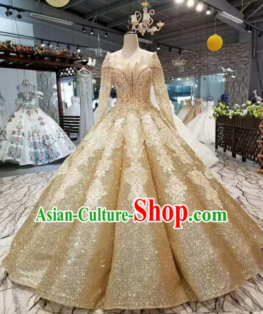 Top Grade Modern Fancywork Court Luxury Golden Full Dress Customize Princess Waltz Dance Costume for Women