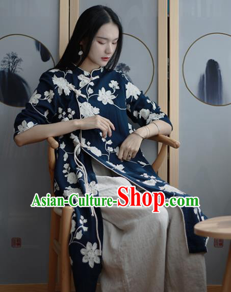 Chinese Traditional National Costume Embroidered Navy Qipao Dress Tang Suit Cheongsam for Women
