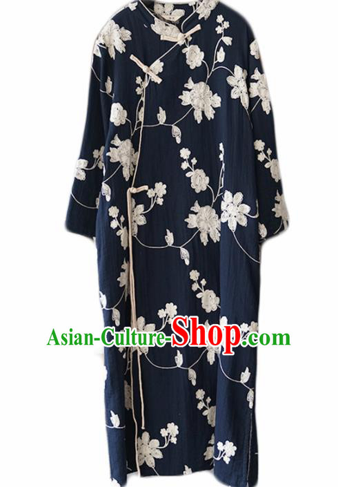Chinese Traditional National Costume Embroidered Navy Qipao Dress Tang Suit Cheongsam for Women