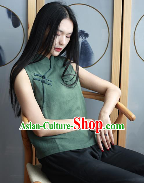 Chinese Traditional National Costume Green Linen Vest Tang Suit Upper Outer Garment for Women