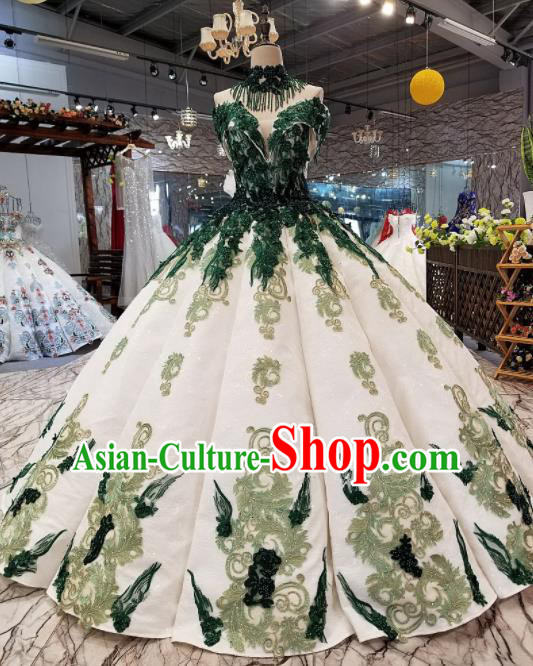 Top Grade Modern Fancywork Court Green Lace Full Dress Customize Princess Waltz Dance Costume for Women