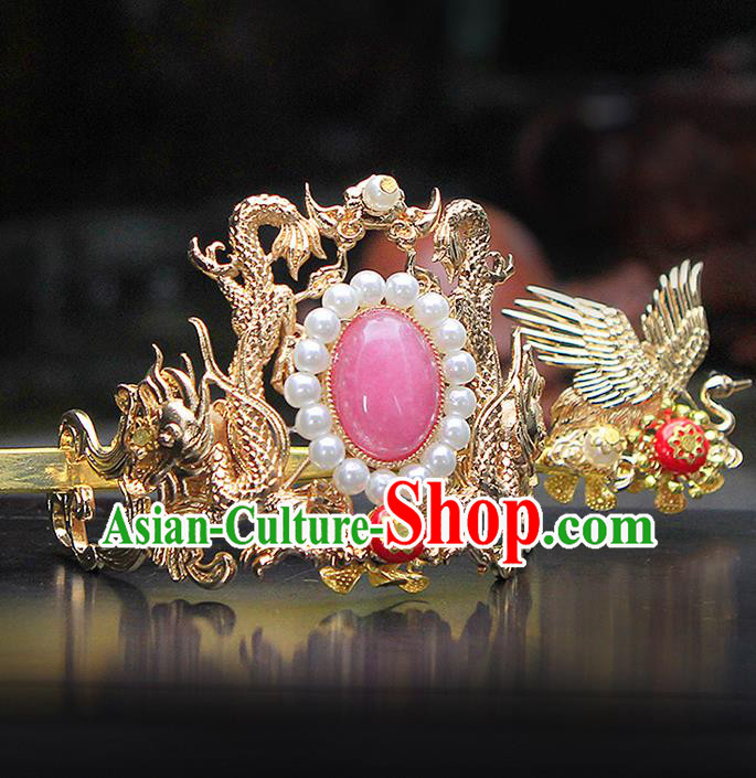 China Ancient Swordsman Pink Bead Hairdo Crown Hairpins Chinese Traditional Hanfu Hair Accessories for Men