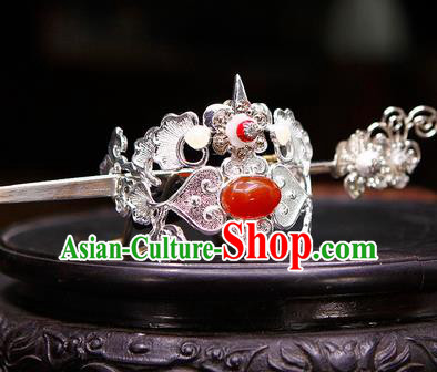 China Ancient Swordsman Red Stone Argent Hairdo Crown Hairpins Chinese Traditional Hanfu Hair Accessories for Men