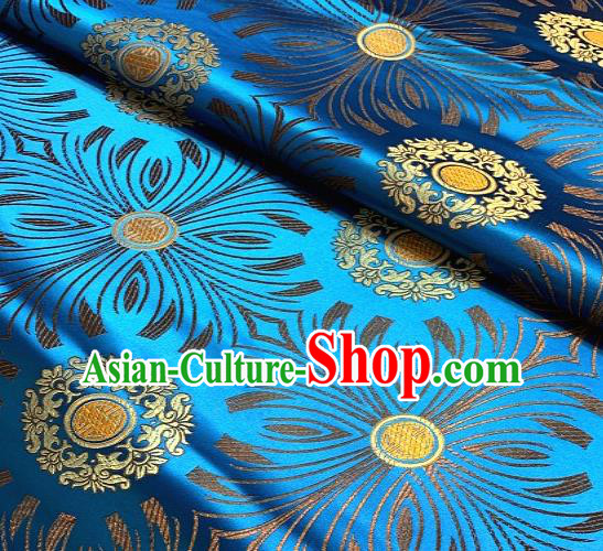Asian Chinese Traditional Round Flowers Pattern Design Blue Brocade Fabric Silk Fabric Chinese Fabric Asian Material