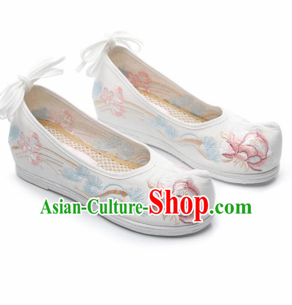 Chinese Traditional Hanfu Shoes Ancient Princess Embroidered Peony White Shoes National Cloth Shoes for Women