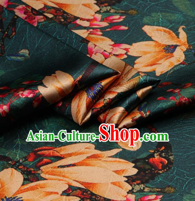 Chinese Traditional Magnolia Pattern Design Dark Green Satin Watered Gauze Brocade Fabric Asian Silk Fabric Material