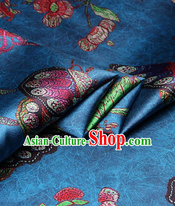 Chinese Traditional Butterfly Pattern Design Blue Satin Watered Gauze Brocade Fabric Asian Silk Fabric Material