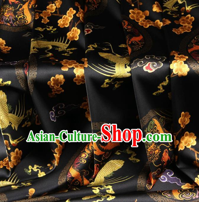 Chinese Traditional Dragon Crane Pattern Design Black Satin Watered Gauze Brocade Fabric Asian Silk Fabric Material