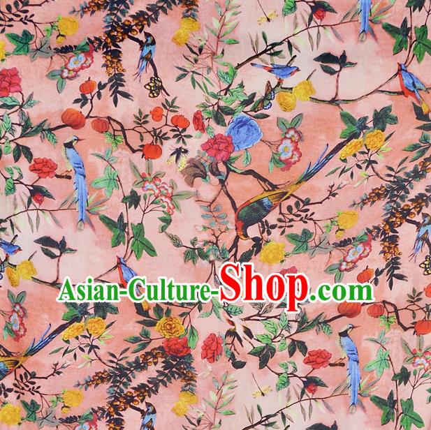 Chinese Traditional Flowers Birds Pattern Design Pink Satin Watered Gauze Brocade Fabric Asian Silk Fabric Material