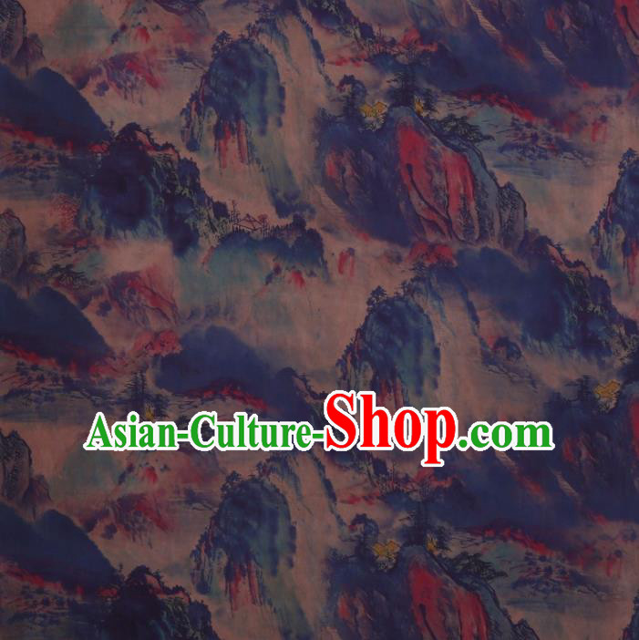 Traditional Chinese Satin Classical Landscape Pattern Design Blue Watered Gauze Brocade Fabric Asian Silk Fabric Material