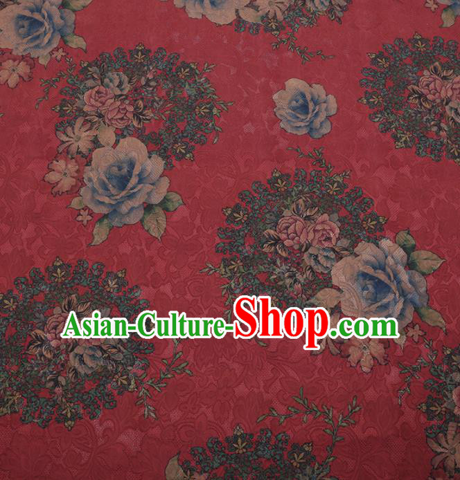 Traditional Chinese Satin Classical Roses Pattern Design Red Watered Gauze Brocade Fabric Asian Silk Fabric Material