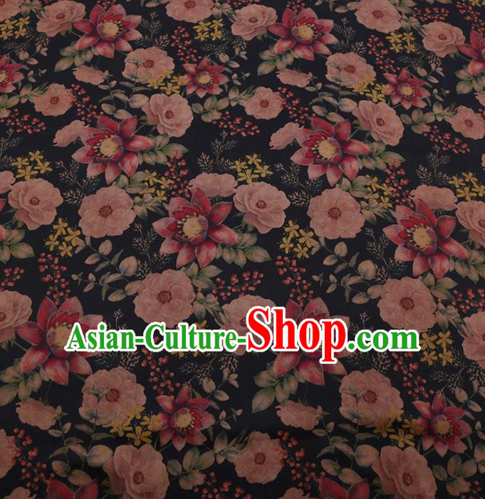 Traditional Chinese Classical Camellia Pattern Design Black Satin Watered Gauze Brocade Fabric Asian Silk Fabric Material