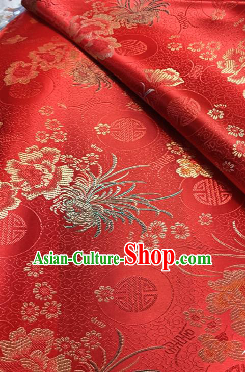 Chinese Classical Chrysanthemum Peony Pattern Design Red Brocade Drapery Asian Traditional Tang Suit Silk Fabric Material