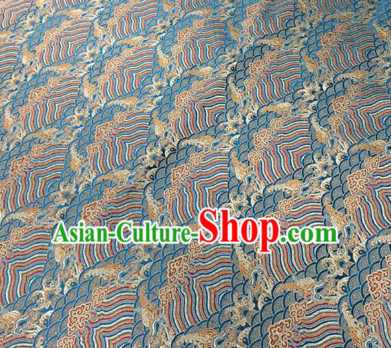 Traditional Chinese Classical Waves Pattern Design Fabric Blue Brocade Tang Suit Satin Drapery Asian Silk Material