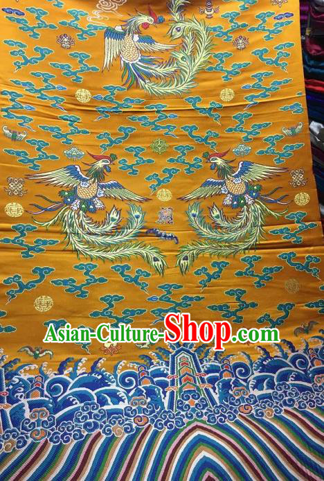 Asian Chinese Golden Satin Classical Phoenix Pattern Design Brocade Wedding Dress Fabric Traditional Drapery Silk Material