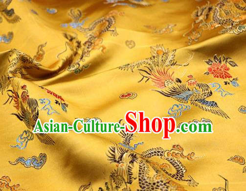 Asian Chinese Classical Dragon Phoenix Pattern Design Golden Satin Fabric Brocade Traditional Drapery Silk Material