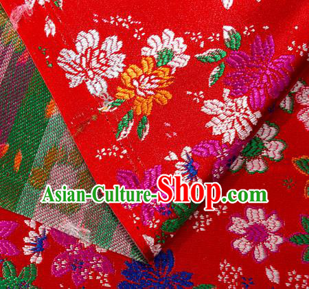 Asian Japanese Kimono Fabric Classical Flowers Pattern Design Red Brocade Traditional Drapery Silk Material