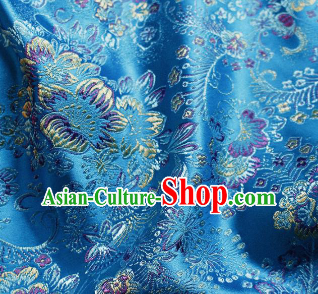 Asian Chinese Classical Flowers Pattern Design Lake Blue Satin Fabric Brocade Traditional Drapery Silk Material