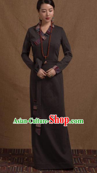 Chinese Traditional Ethnic Tibetan Robe Zang Nationality Female Grey Dress Costume for Women