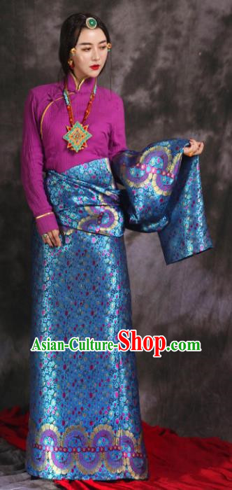 Chinese Traditional Ethnic Bride Blue Tibetan Robe Zang Nationality Female Dress Wedding Costume for Women