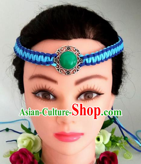 Chinese Traditional Mongol Nationality Blue Weave Hair Clasp Mongolian Ethnic Dance Headband Accessories for Women