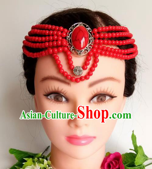 Chinese Traditional Mongol Nationality Female Red Beads Hair Clasp Mongolian Ethnic Dance Headband Accessories for Women